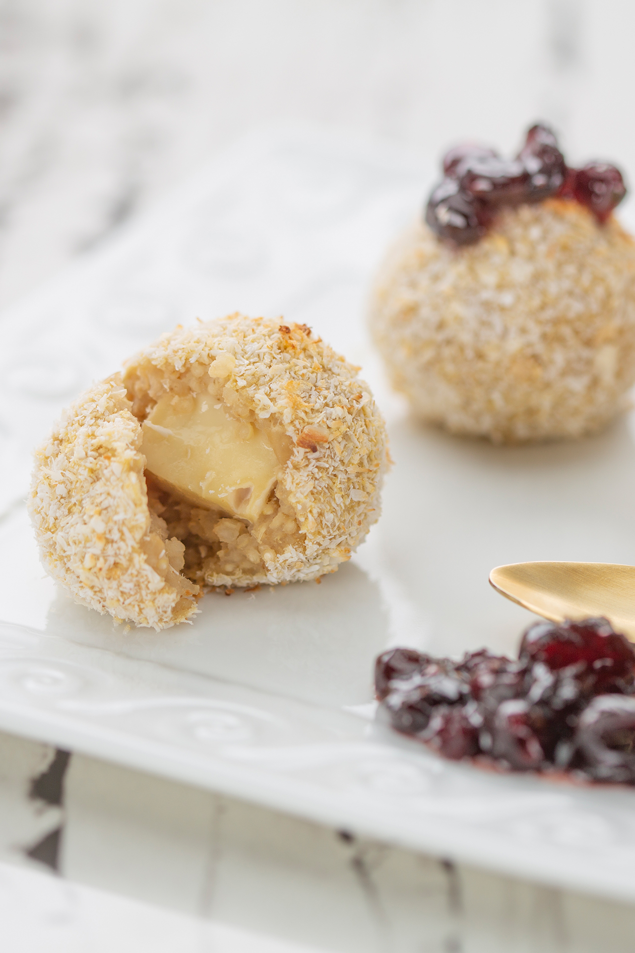 Coconut crusted Petit Brie stuffed quinoa bites Coconut crusted Petit Brie stuffed quinoa bites