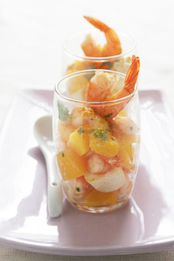 Petit camembert and prawn exotic “verrine”