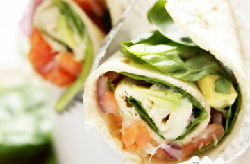 Brie, salmon and avocado wrap style  