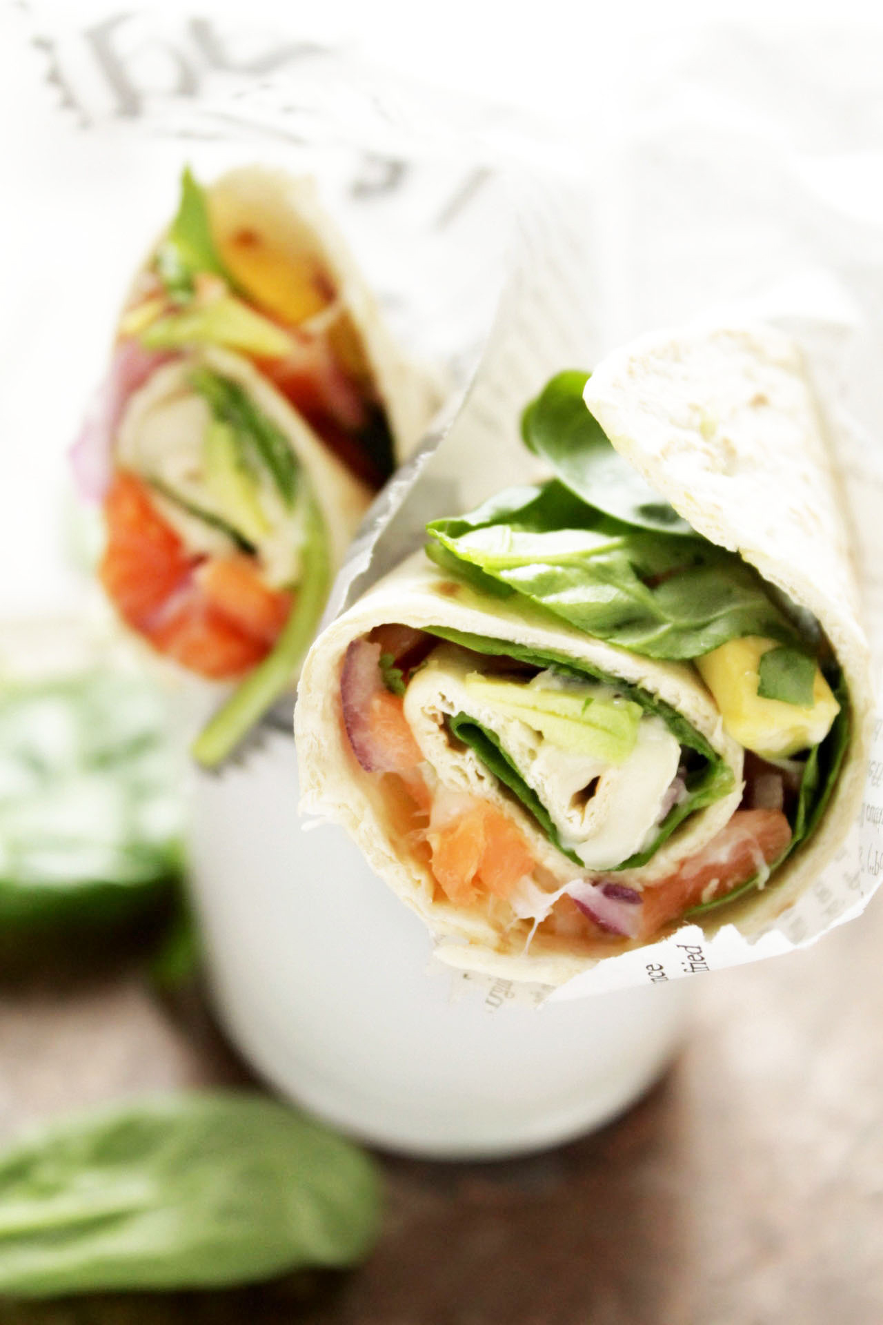 Brie, salmon and avocado wrap style  