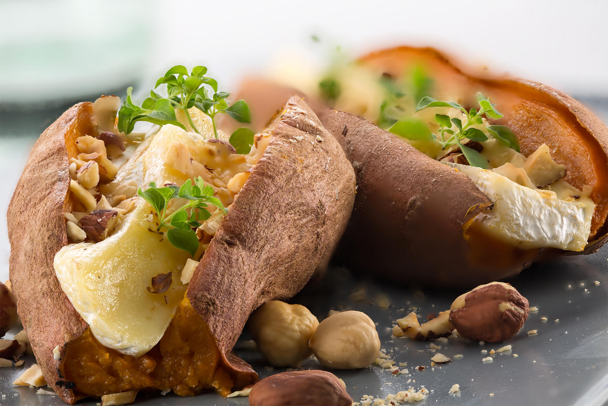 Sweet potato with camembert and hazelnuts