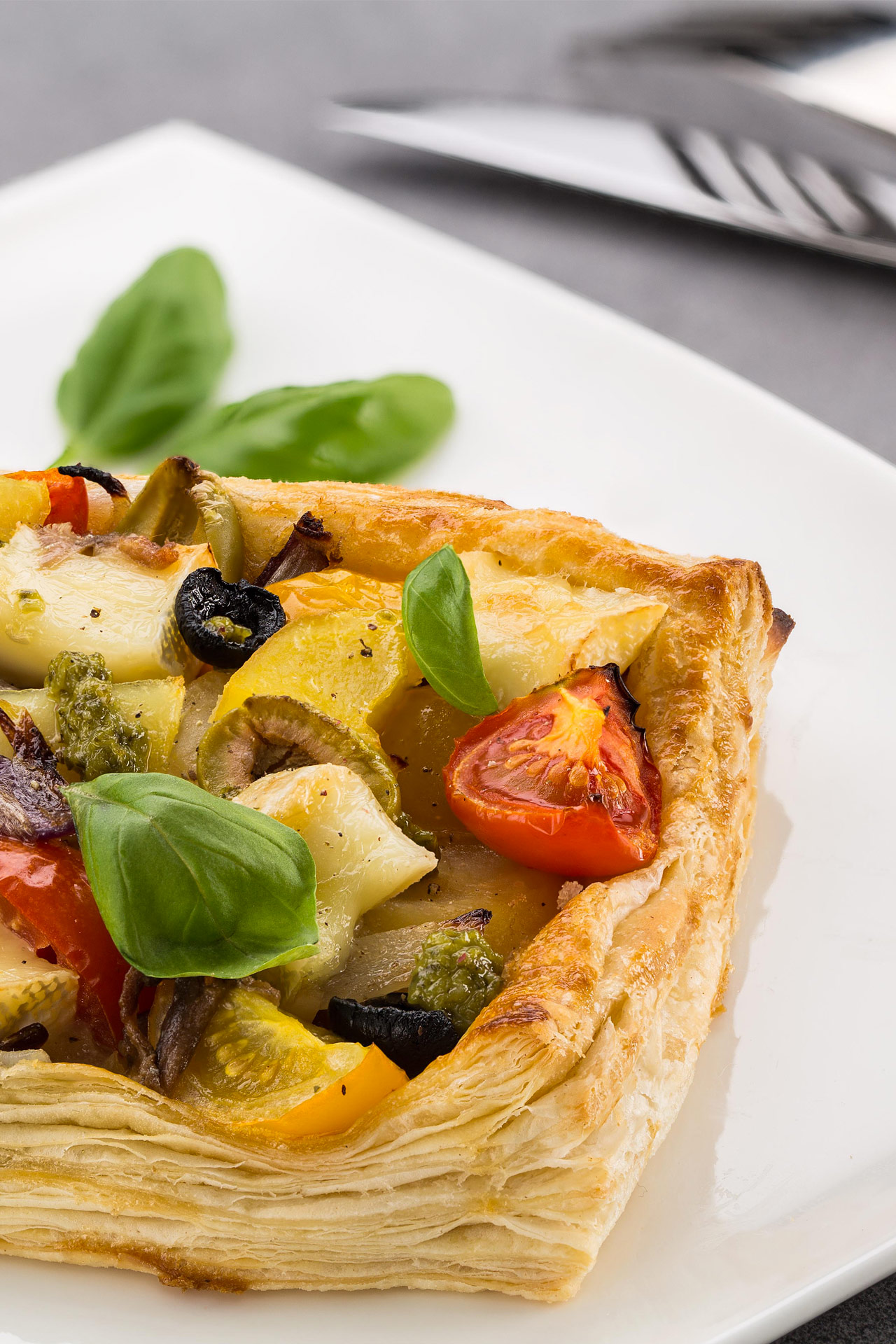 Mediterranean tart with petit camembert