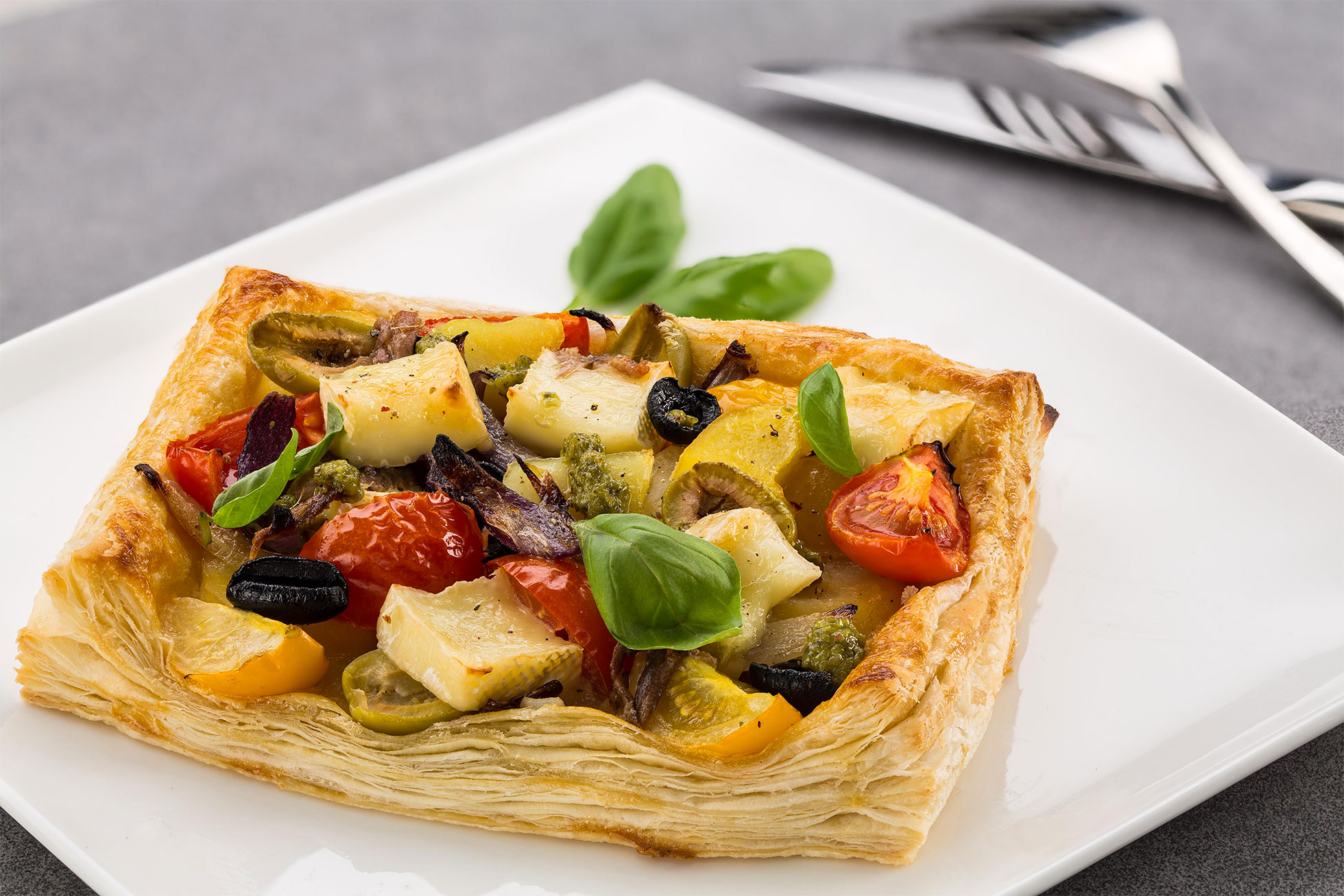 Mediterranean tart with petit camembert