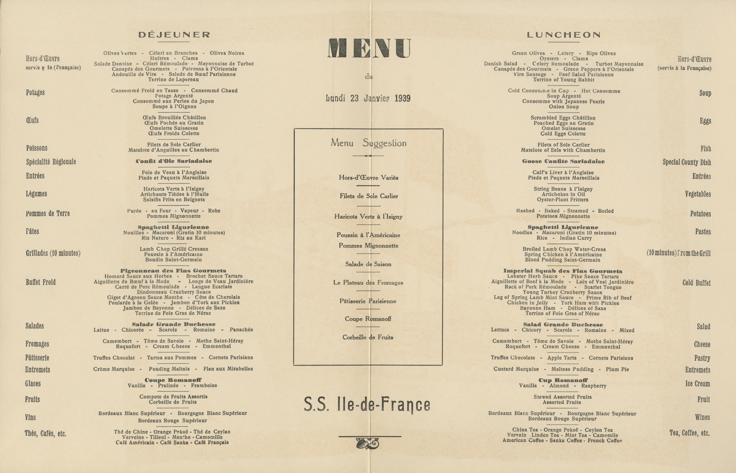 Menu of a restaurant